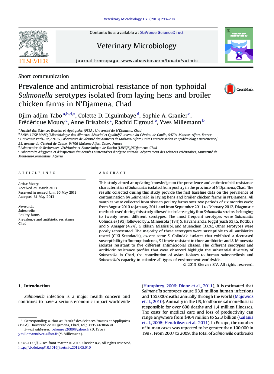 Prevalence and antimicrobial resistance of non-typhoidal Salmonella serotypes isolated from laying hens and broiler chicken farms in N’Djamena, Chad