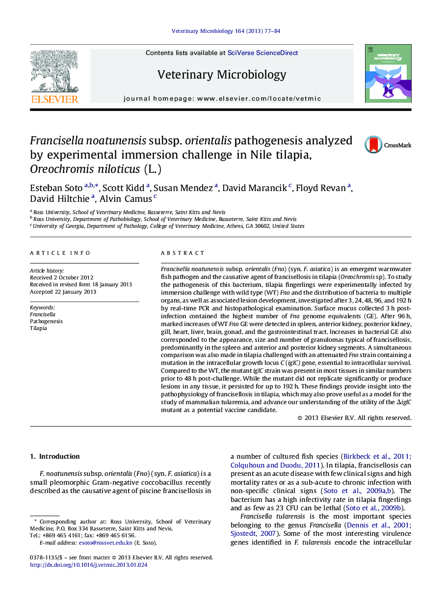 Francisella noatunensis subsp. orientalis pathogenesis analyzed by experimental immersion challenge in Nile tilapia, Oreochromis niloticus (L.)