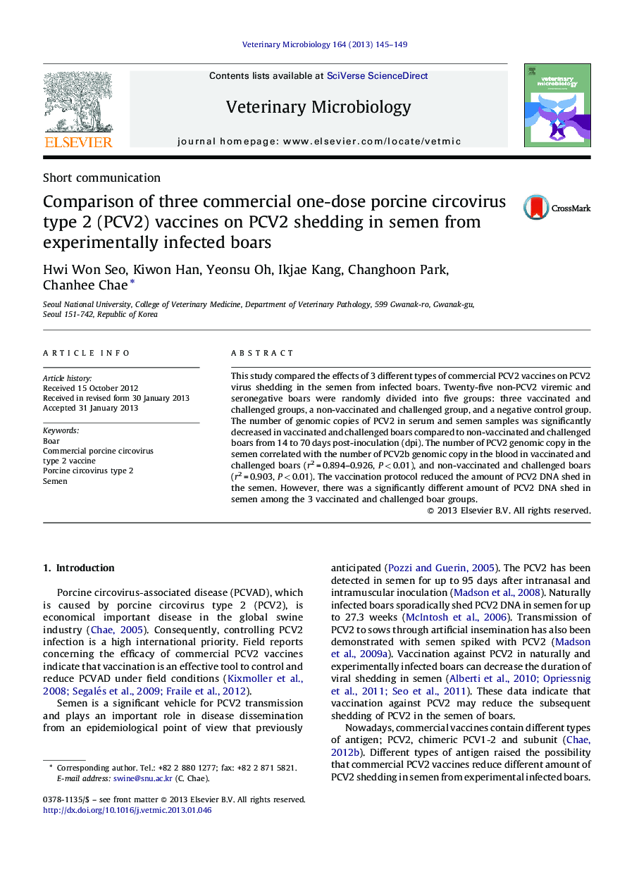 Comparison of three commercial one-dose porcine circovirus type 2 (PCV2) vaccines on PCV2 shedding in semen from experimentally infected boars