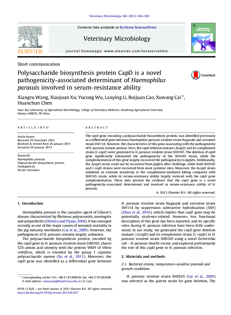 عکس صفحه اول مقاله: Polysaccharide biosynthesis protein CapD is a novel pathogenicity-associated determinant of Haemophilus parasuis involved in serum-resistance ability Polysaccharide biosynthesis protein CapD is a novel pathogenicity-associated determinant of Haemophilus parasuis involved in serum-resistance ability