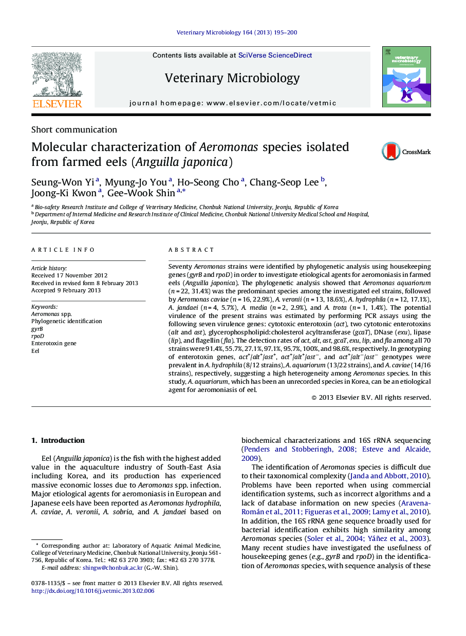 Molecular characterization of Aeromonas species isolated from farmed eels (Anguilla japonica)