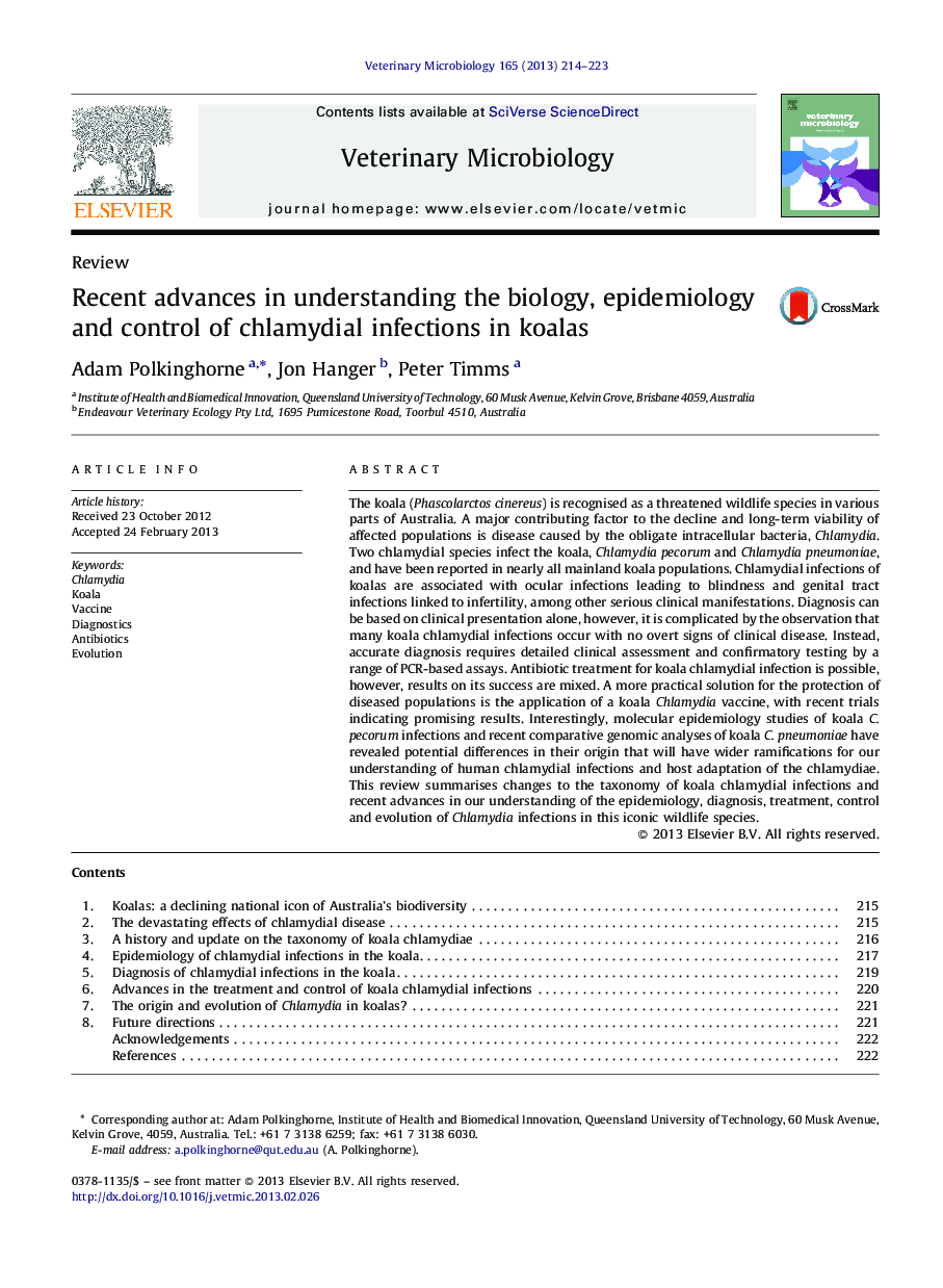 Recent advances in understanding the biology, epidemiology and control of chlamydial infections in koalas