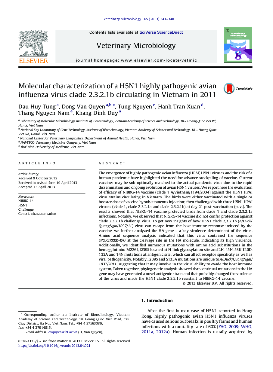 Molecular characterization of a H5N1 highly pathogenic avian influenza virus clade 2.3.2.1b circulating in Vietnam in 2011