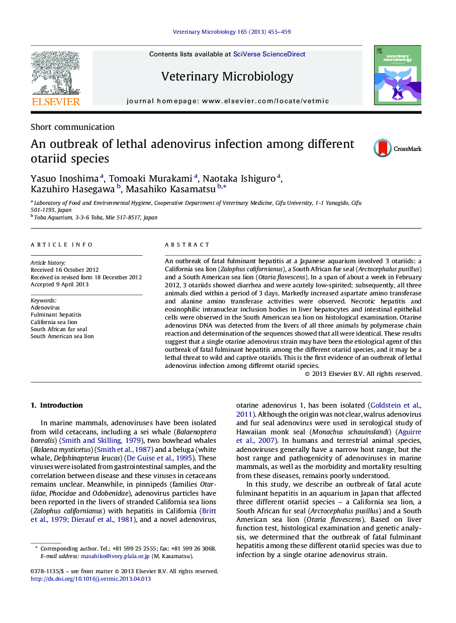 An outbreak of lethal adenovirus infection among different otariid species