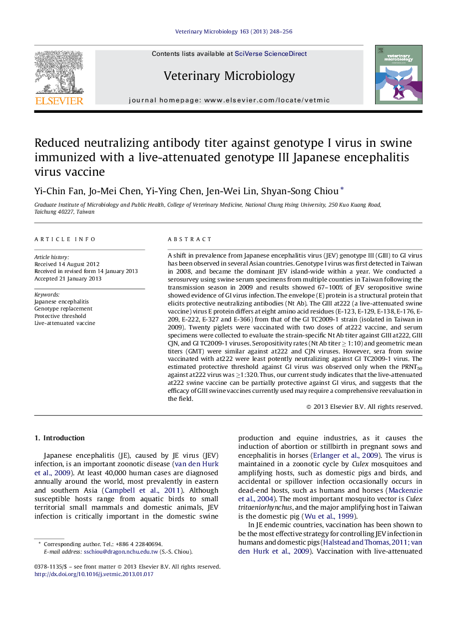 Reduced neutralizing antibody titer against genotype I virus in swine immunized with a live-attenuated genotype III Japanese encephalitis virus vaccine