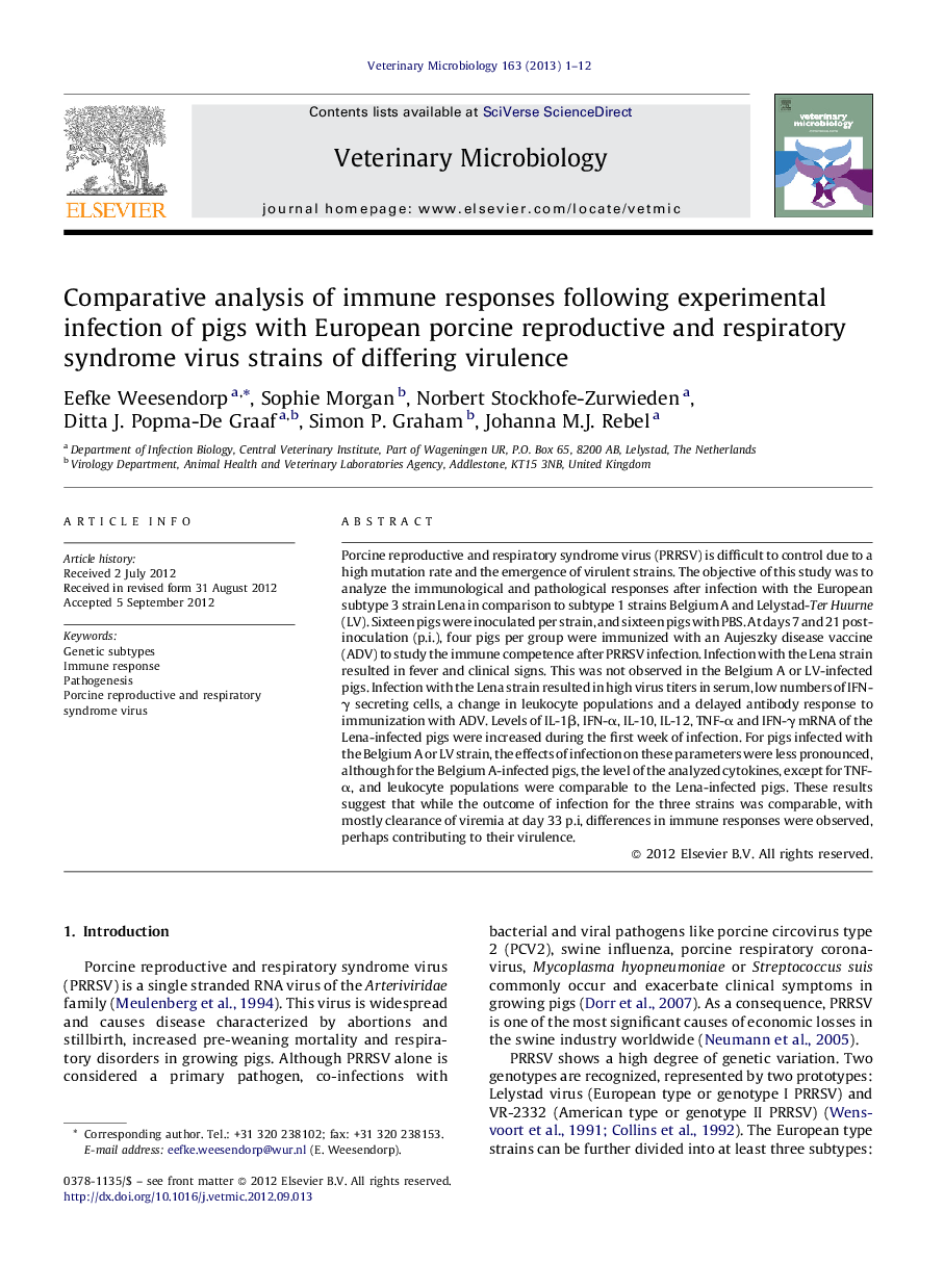 Comparative analysis of immune responses following experimental infection of pigs with European porcine reproductive and respiratory syndrome virus strains of differing virulence