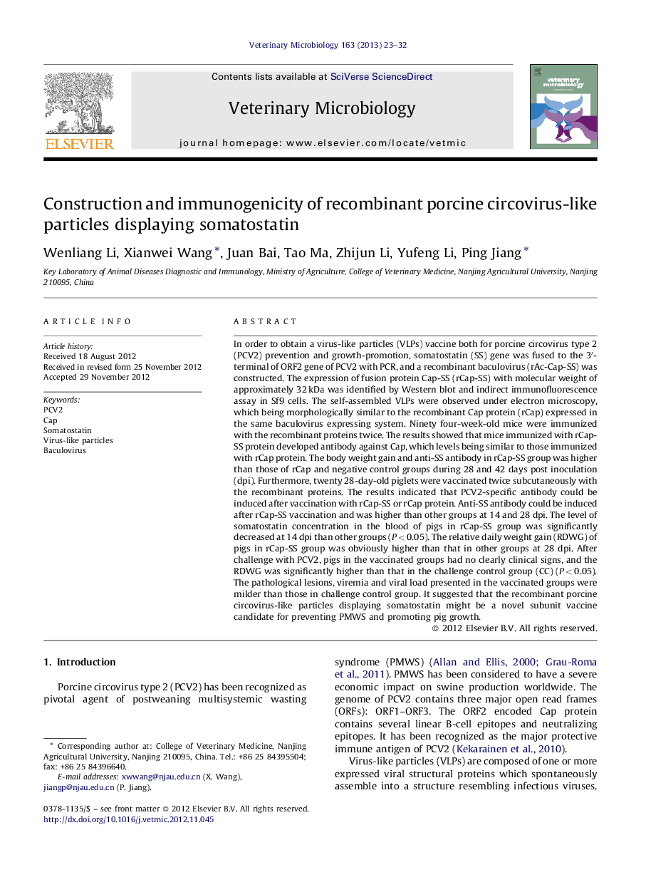 Construction and immunogenicity of recombinant porcine circovirus-like particles displaying somatostatin