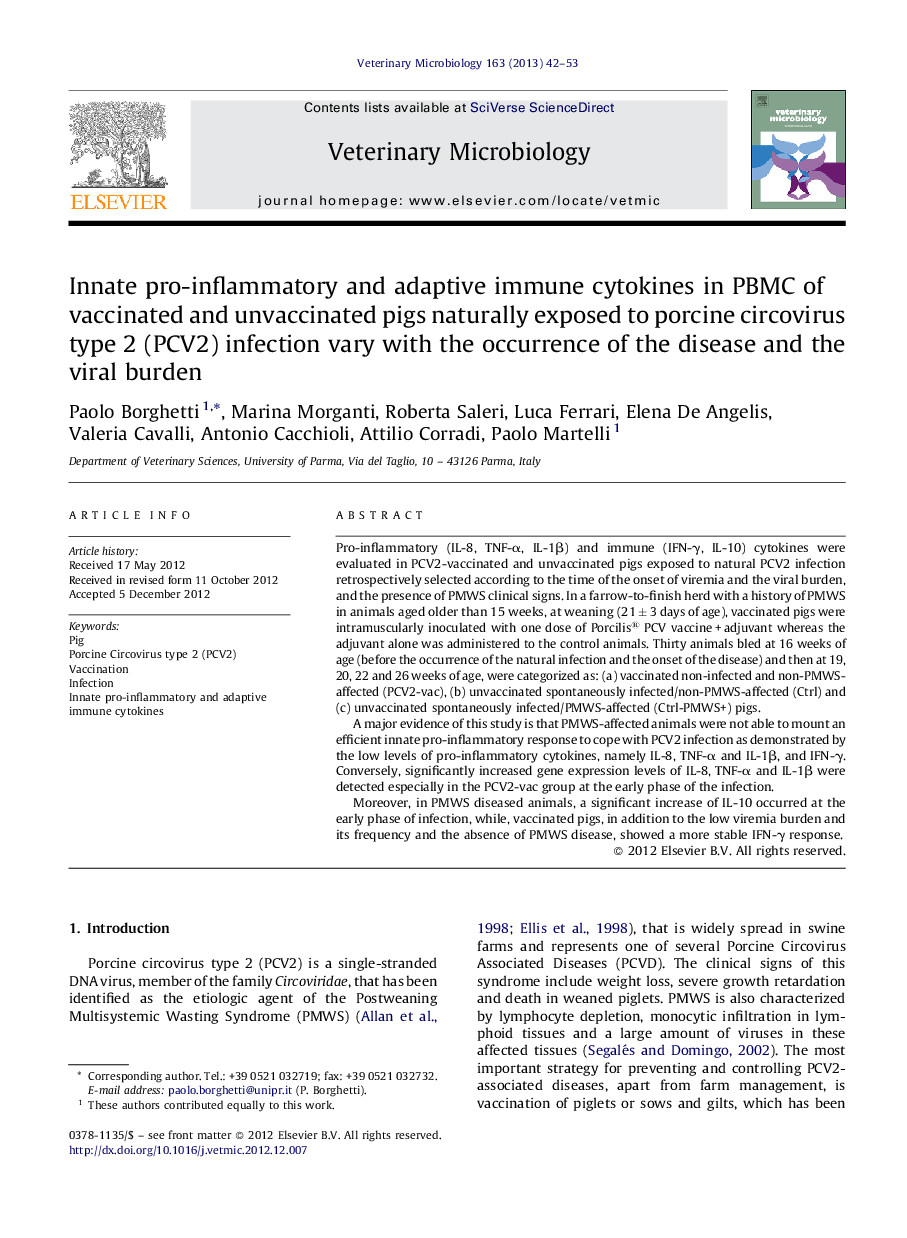 Innate pro-inflammatory and adaptive immune cytokines in PBMC of vaccinated and unvaccinated pigs naturally exposed to porcine circovirus type 2 (PCV2) infection vary with the occurrence of the disease and the viral burden