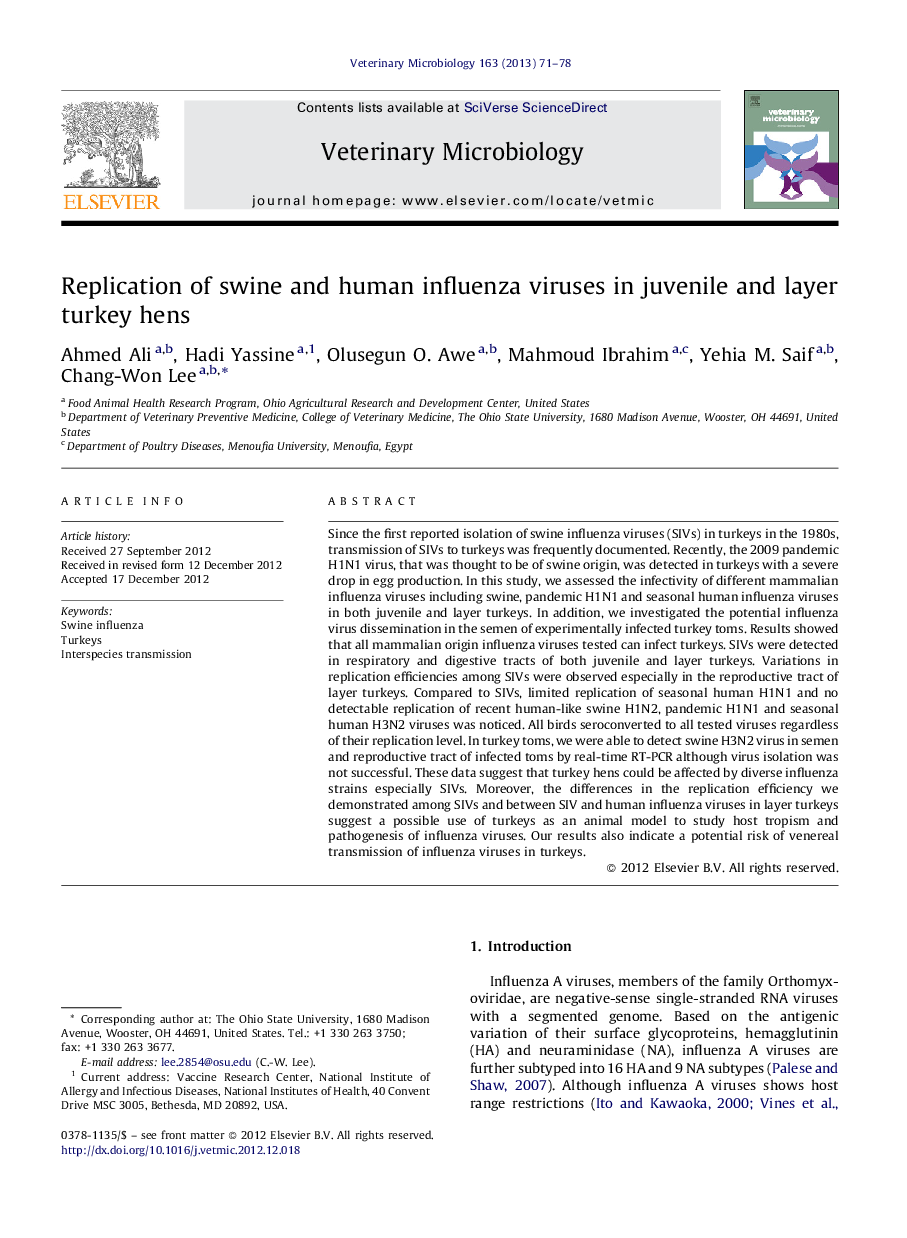 Replication of swine and human influenza viruses in juvenile and layer turkey hens