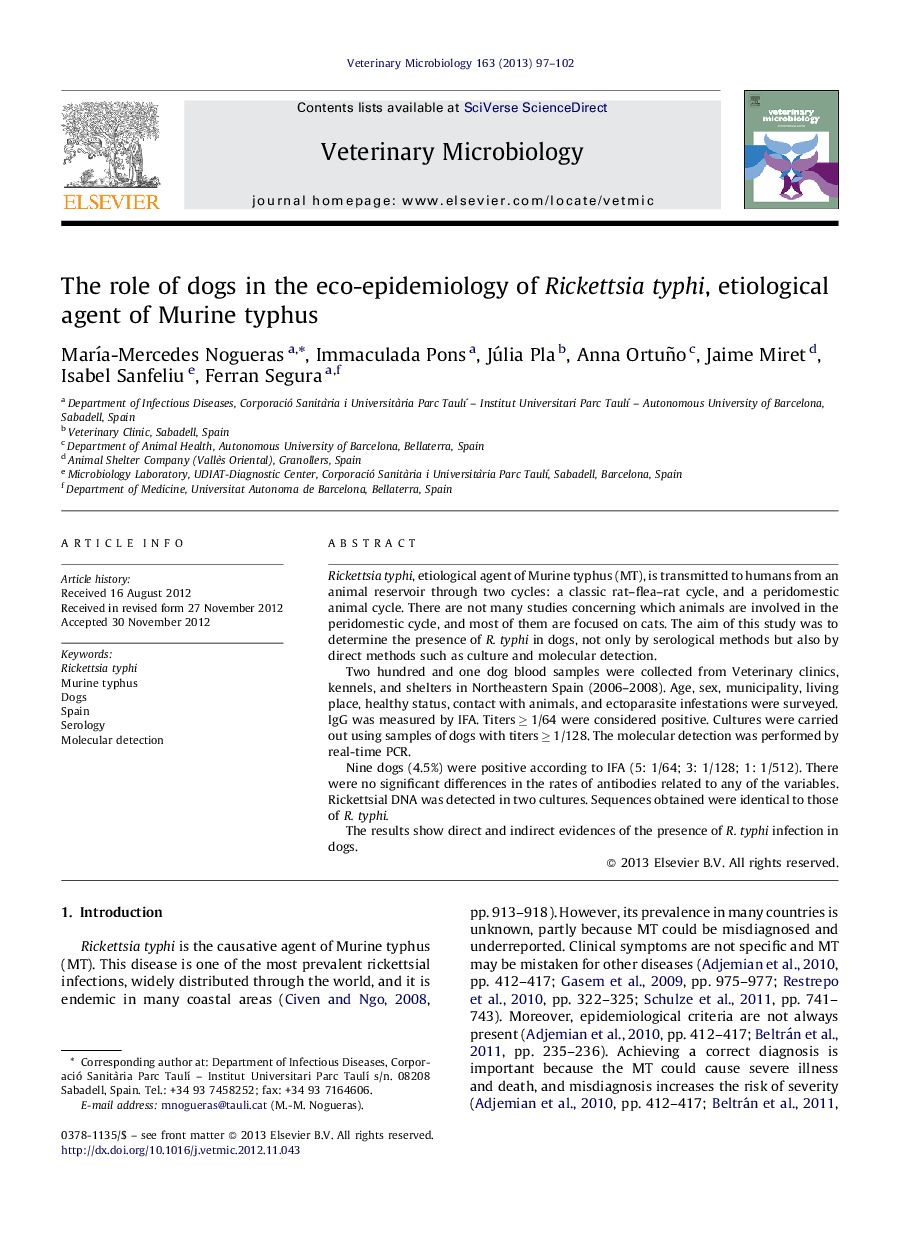 The role of dogs in the eco-epidemiology of Rickettsia typhi, etiological agent of Murine typhus