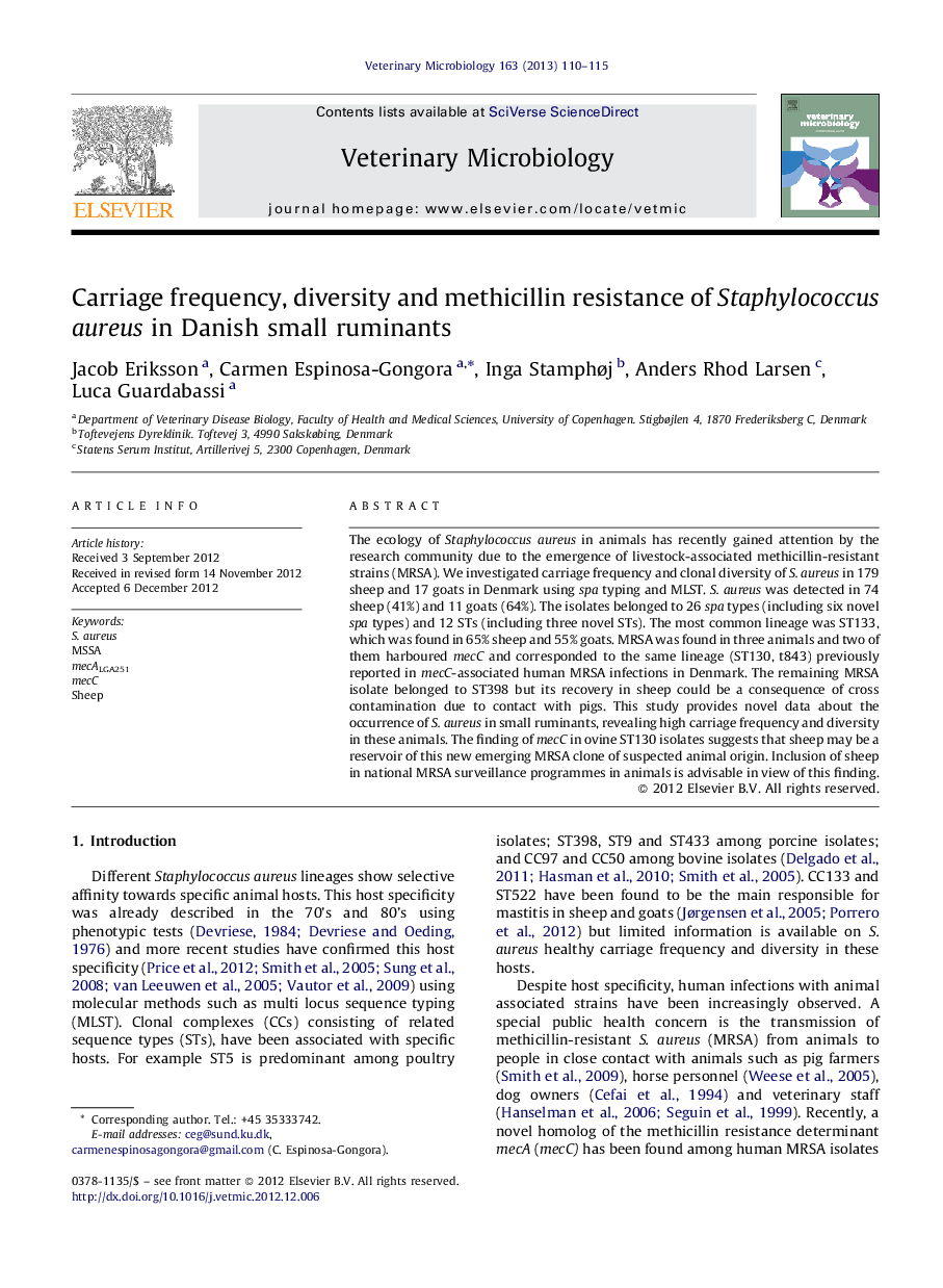 Carriage frequency, diversity and methicillin resistance of Staphylococcus aureus in Danish small ruminants