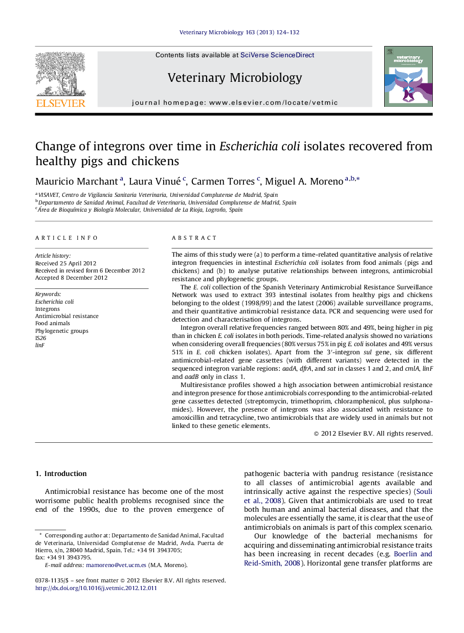 Change of integrons over time in Escherichia coli isolates recovered from healthy pigs and chickens