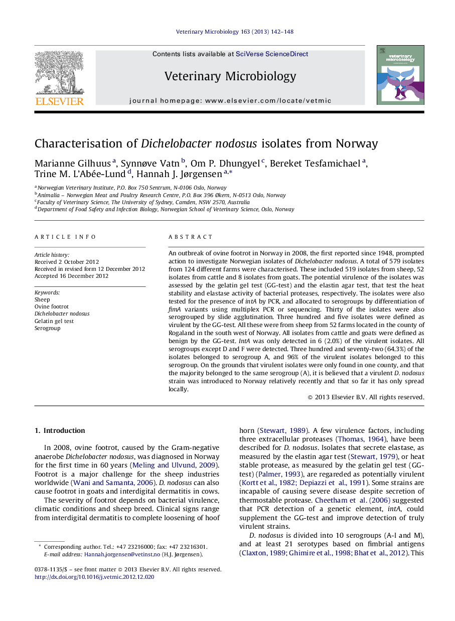 Characterisation of Dichelobacter nodosus isolates from Norway