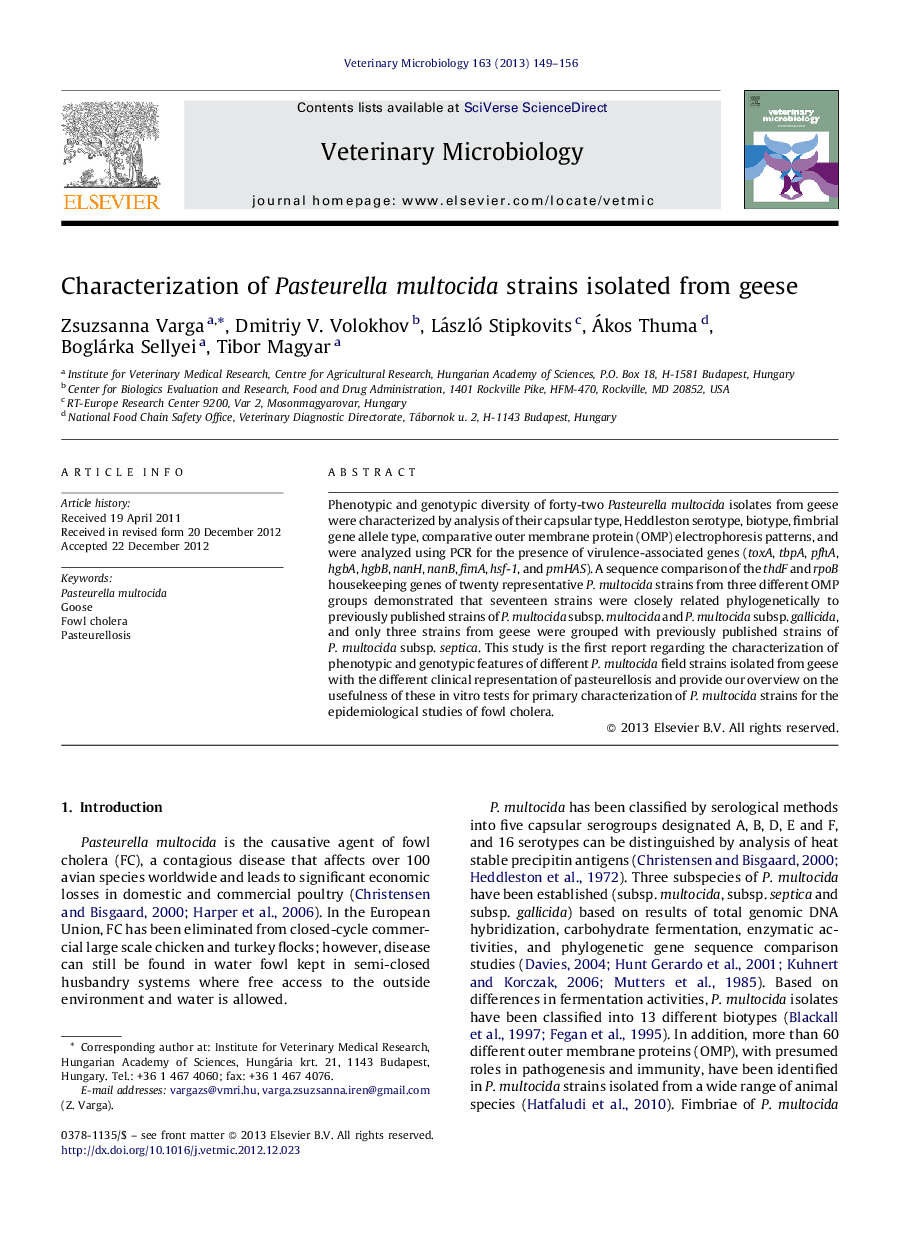 Characterization of Pasteurella multocida strains isolated from geese