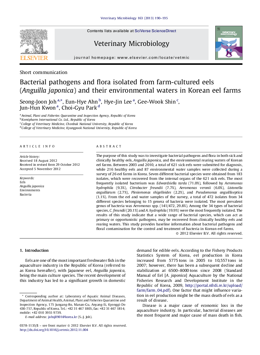 Bacterial pathogens and flora isolated from farm-cultured eels (Anguilla japonica) and their environmental waters in Korean eel farms