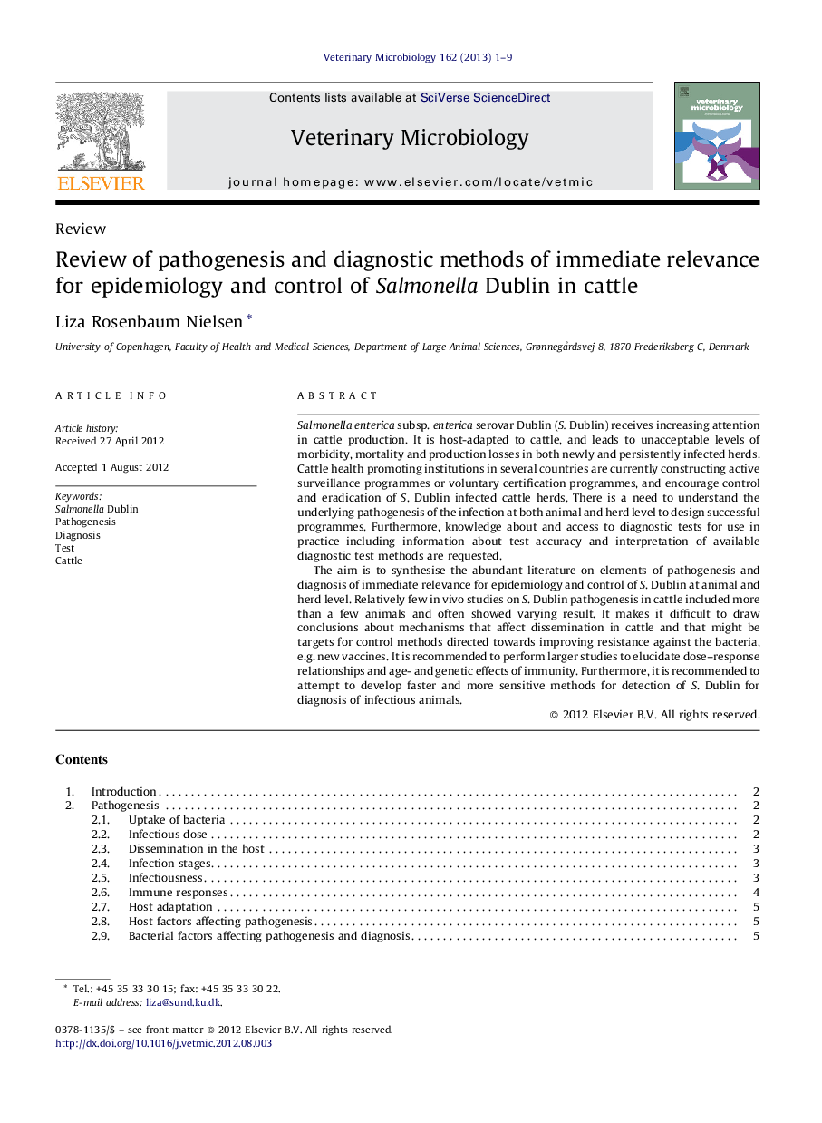 Review of pathogenesis and diagnostic methods of immediate relevance for epidemiology and control of Salmonella Dublin in cattle