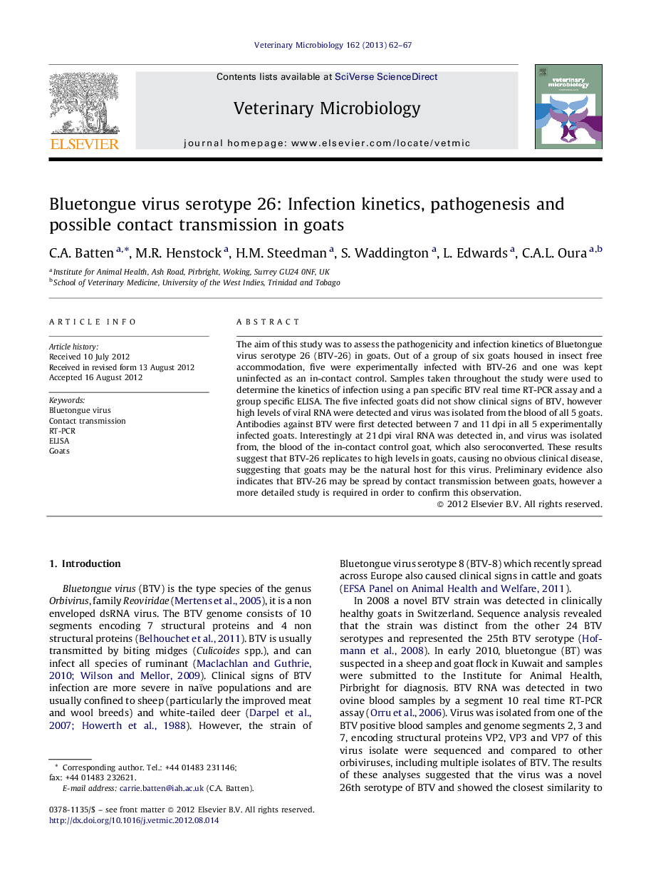 Bluetongue virus serotype 26: Infection kinetics, pathogenesis and possible contact transmission in goats