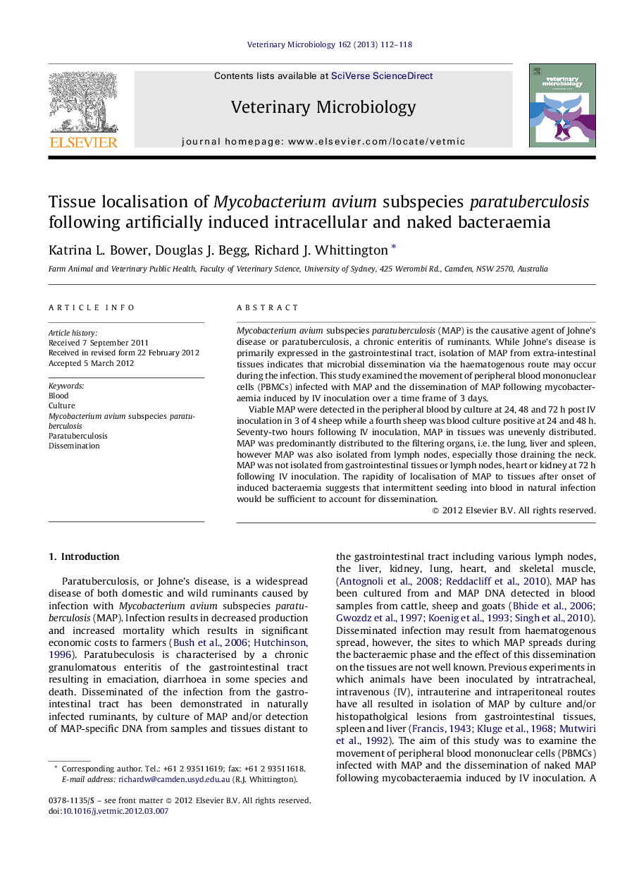 Tissue localisation of Mycobacterium avium subspecies paratuberculosis following artificially induced intracellular and naked bacteraemia