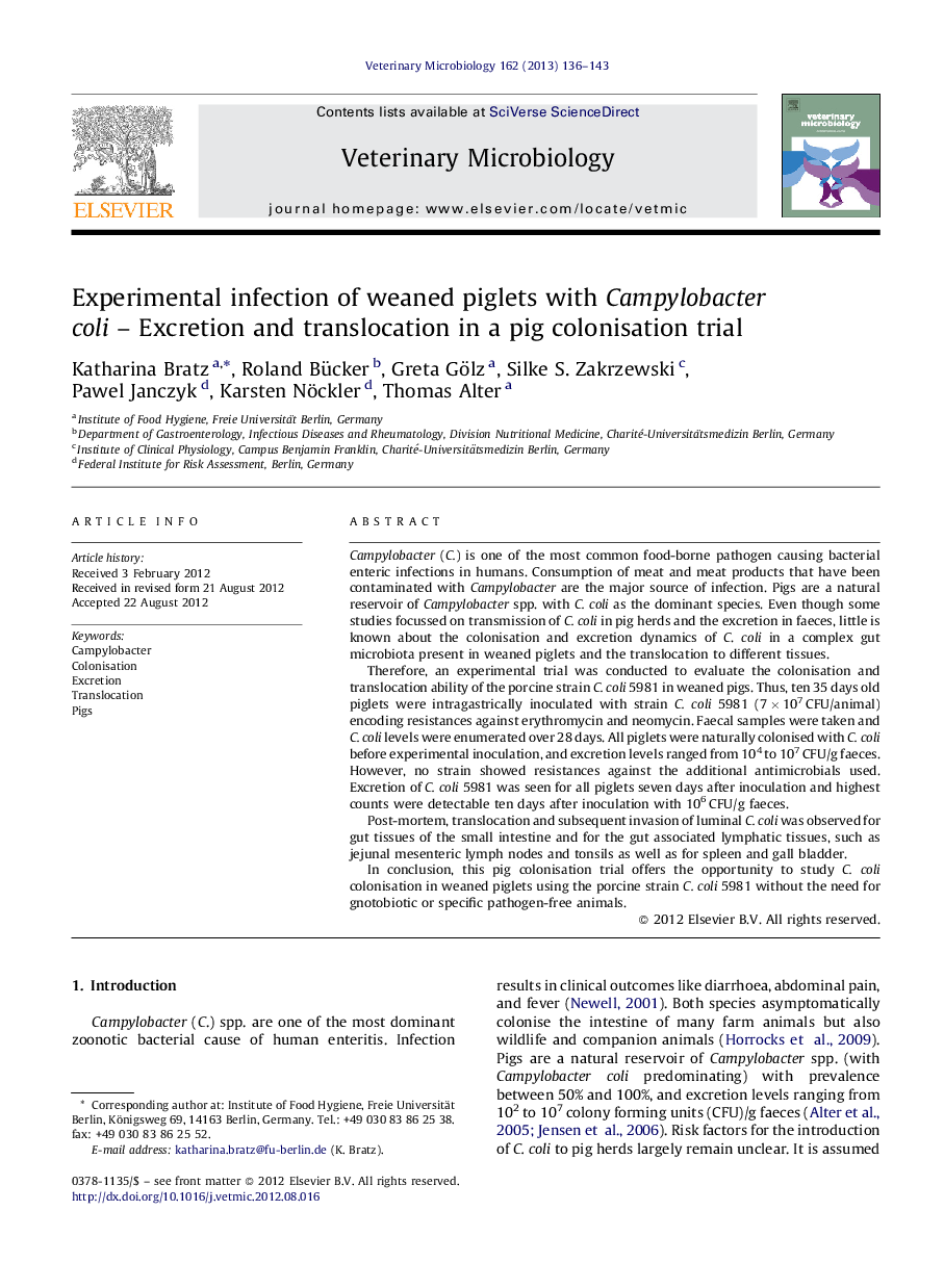 Experimental infection of weaned piglets with Campylobacter coli – Excretion and translocation in a pig colonisation trial