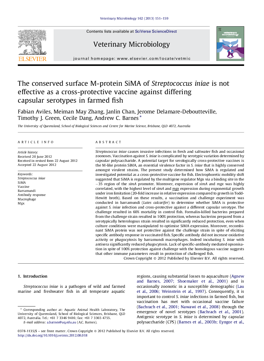 The conserved surface M-protein SiMA of Streptococcus iniae is not effective as a cross-protective vaccine against differing capsular serotypes in farmed fish