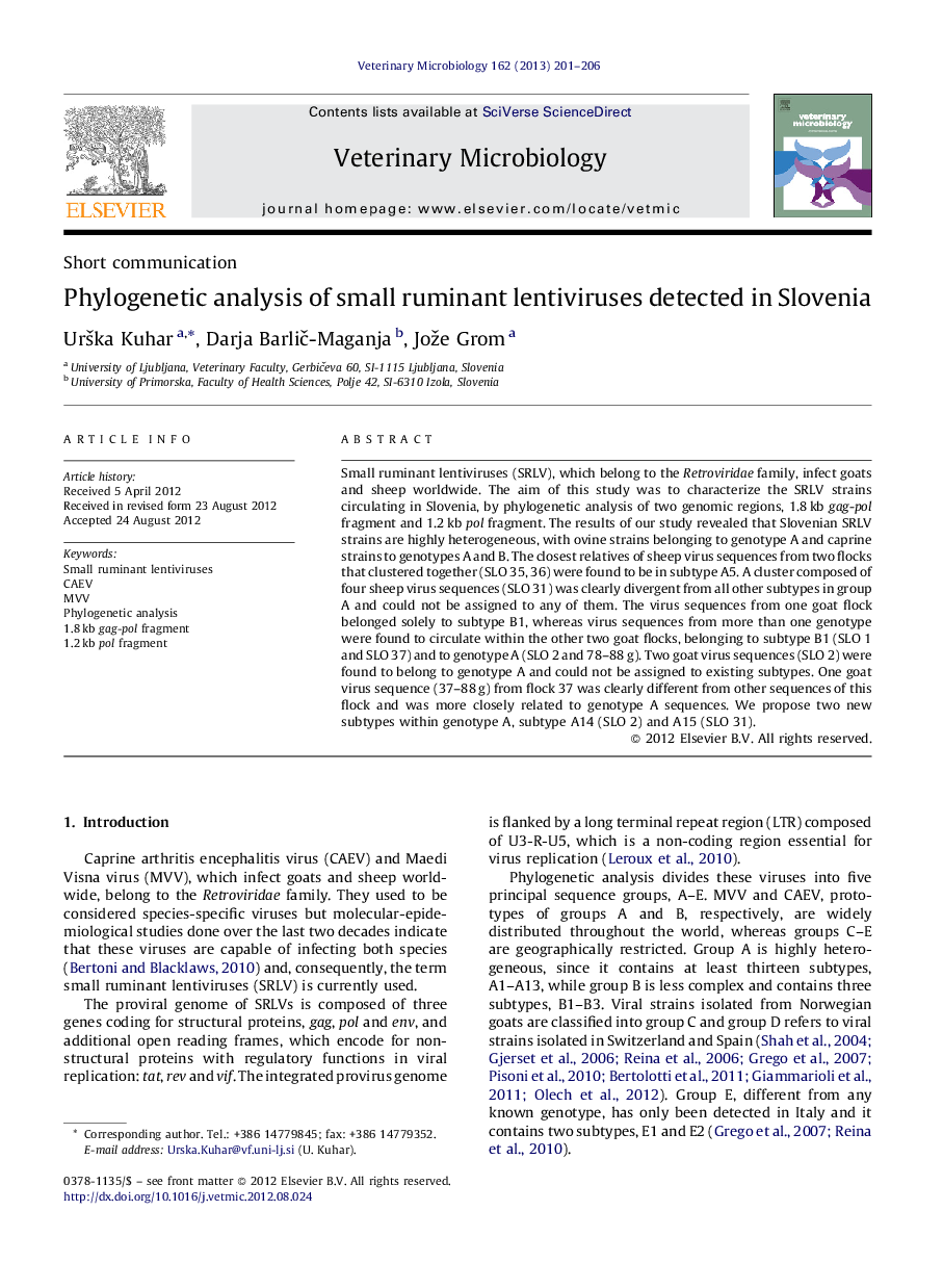 Phylogenetic analysis of small ruminant lentiviruses detected in Slovenia