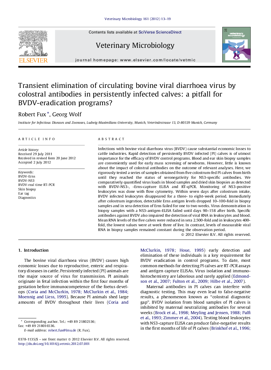 Transient elimination of circulating bovine viral diarrhoea virus by colostral antibodies in persistently infected calves: a pitfall for BVDV-eradication programs?