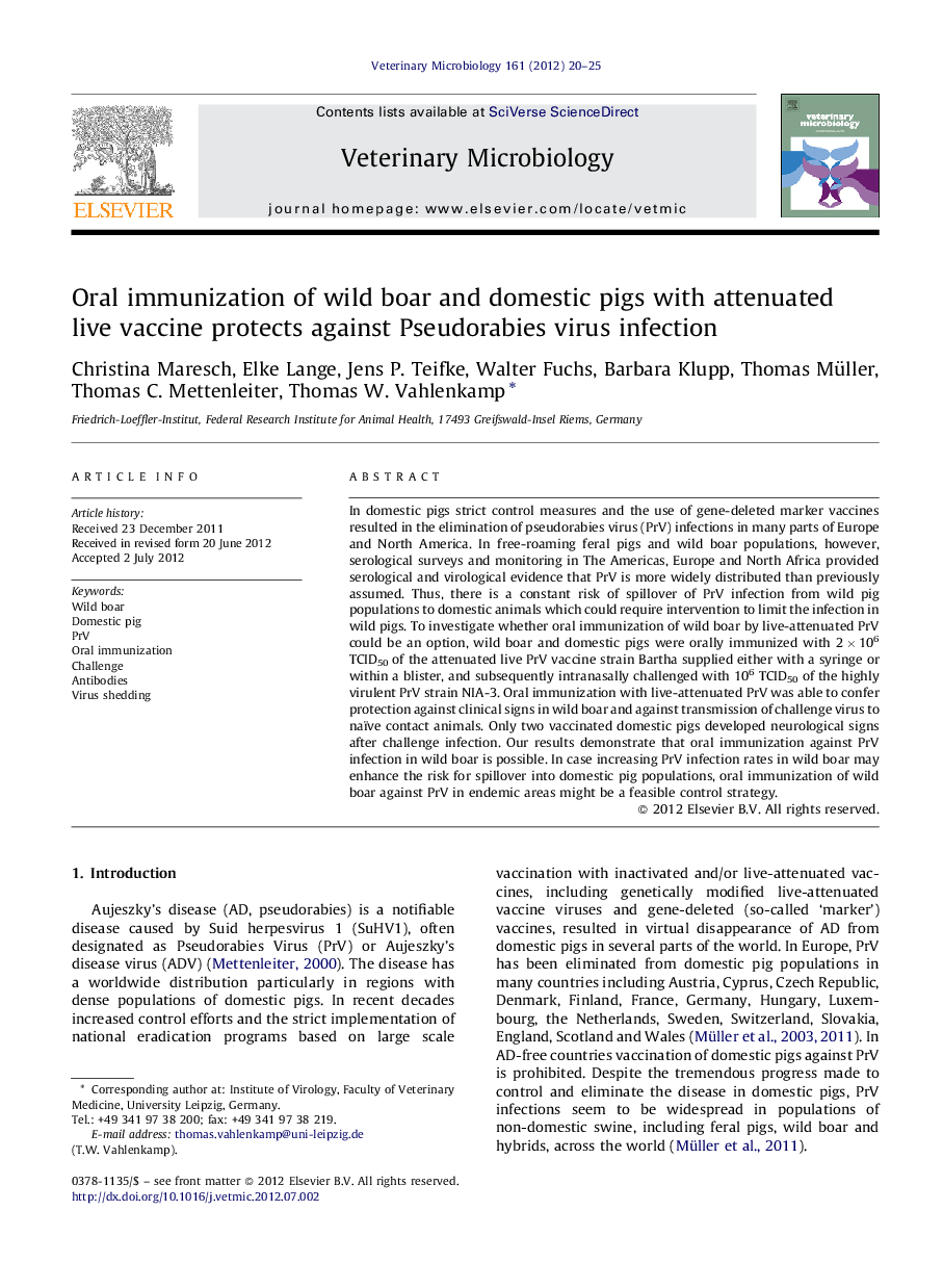 Oral immunization of wild boar and domestic pigs with attenuated live vaccine protects against Pseudorabies virus infection