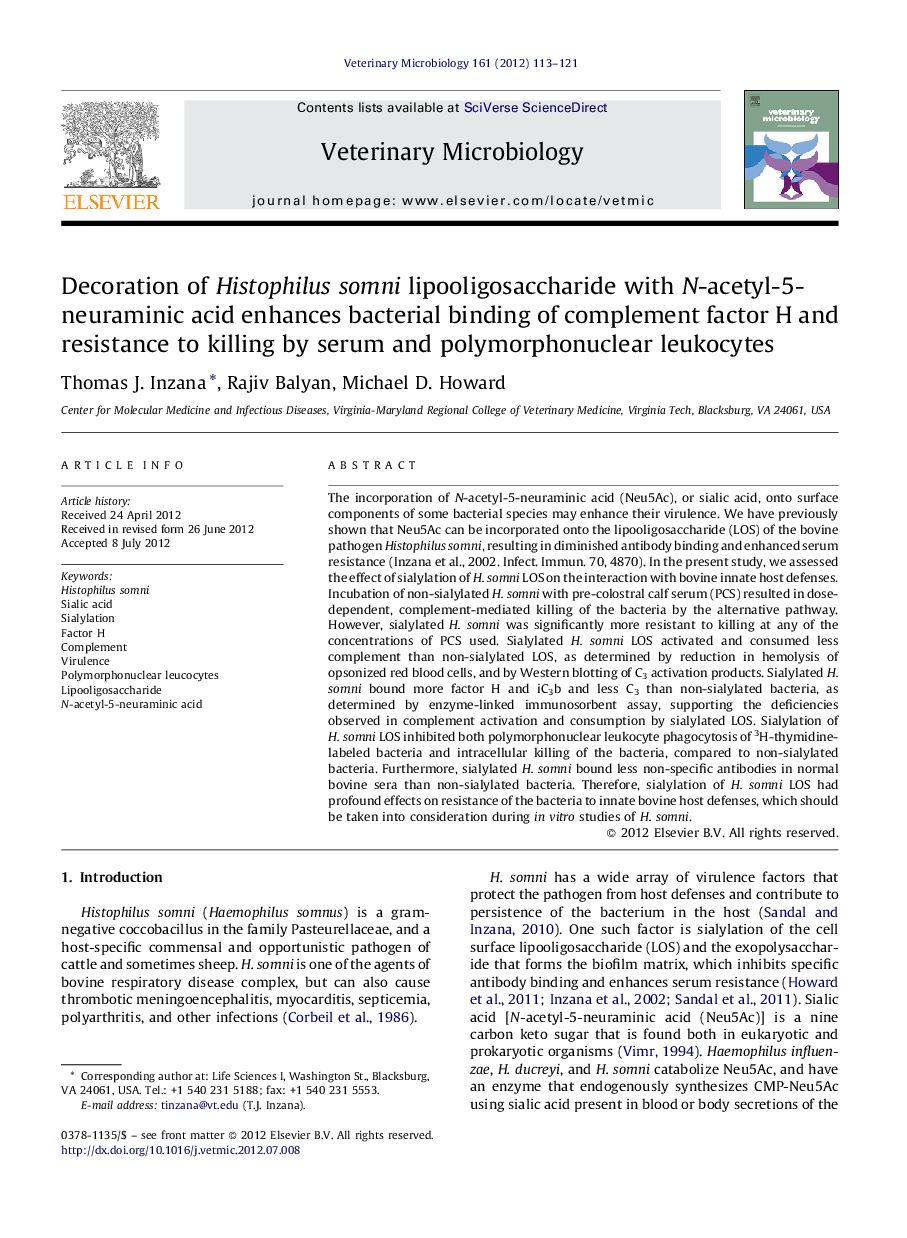 Decoration of Histophilus somni lipooligosaccharide with N-acetyl-5-neuraminic acid enhances bacterial binding of complement factor H and resistance to killing by serum and polymorphonuclear leukocytes