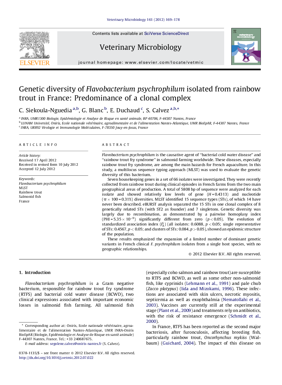 Genetic diversity of Flavobacterium psychrophilum isolated from rainbow trout in France: Predominance of a clonal complex