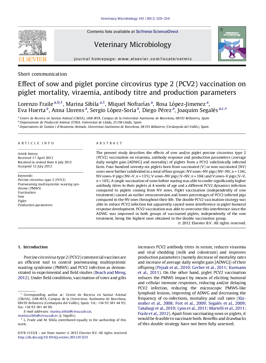 Effect of sow and piglet porcine circovirus type 2 (PCV2) vaccination on piglet mortality, viraemia, antibody titre and production parameters