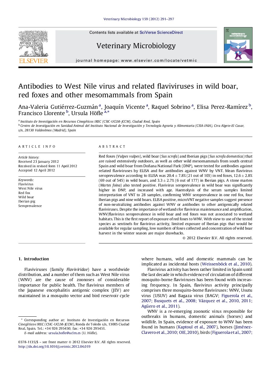 Antibodies to West Nile virus and related flaviviruses in wild boar, red foxes and other mesomammals from Spain