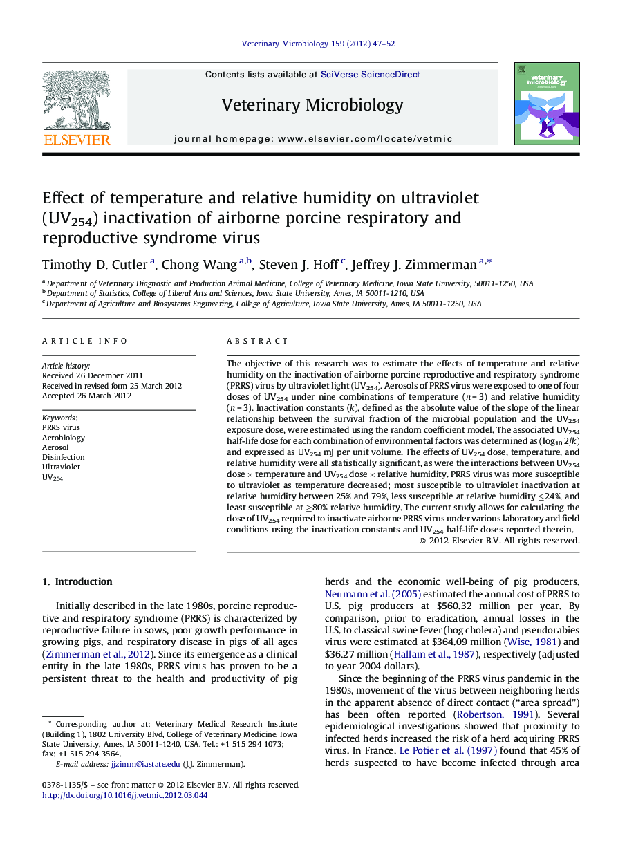 Effect of temperature and relative humidity on ultraviolet (UV254) inactivation of airborne porcine respiratory and reproductive syndrome virus