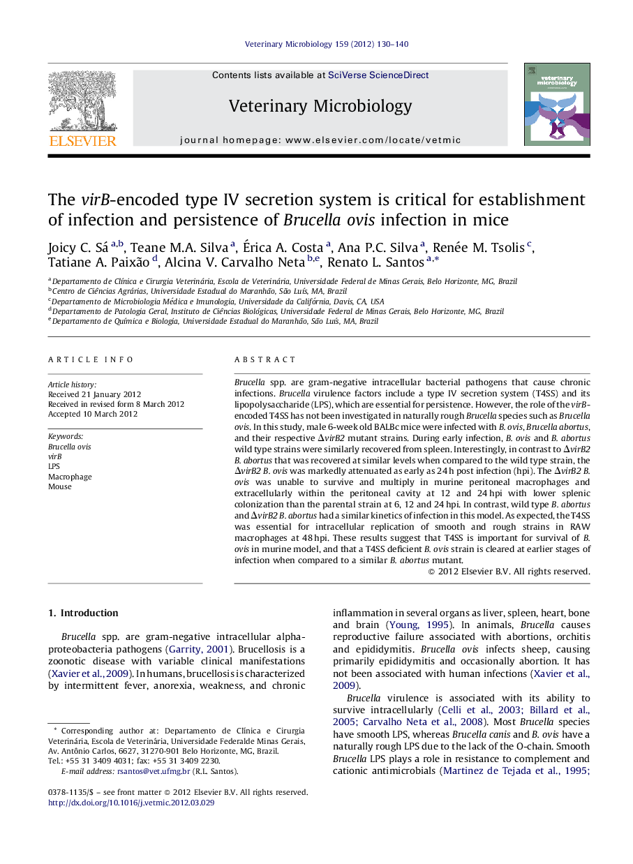 The virB-encoded type IV secretion system is critical for establishment of infection and persistence of Brucella ovis infection in mice