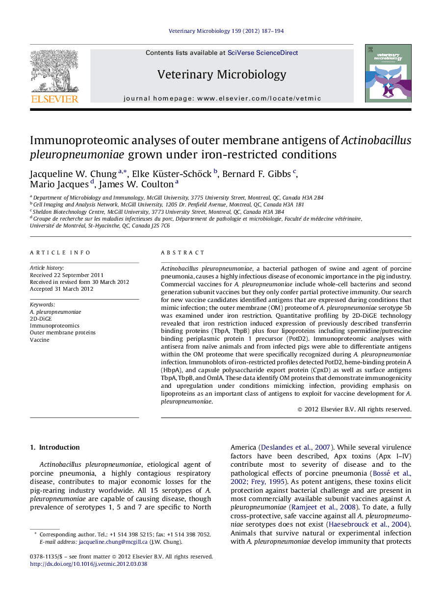 Immunoproteomic analyses of outer membrane antigens of Actinobacillus pleuropneumoniae grown under iron-restricted conditions