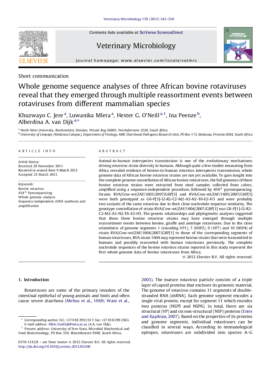 Whole genome sequence analyses of three African bovine rotaviruses reveal that they emerged through multiple reassortment events between rotaviruses from different mammalian species