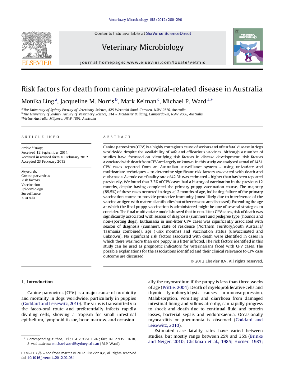 Risk factors for death from canine parvoviral-related disease in Australia