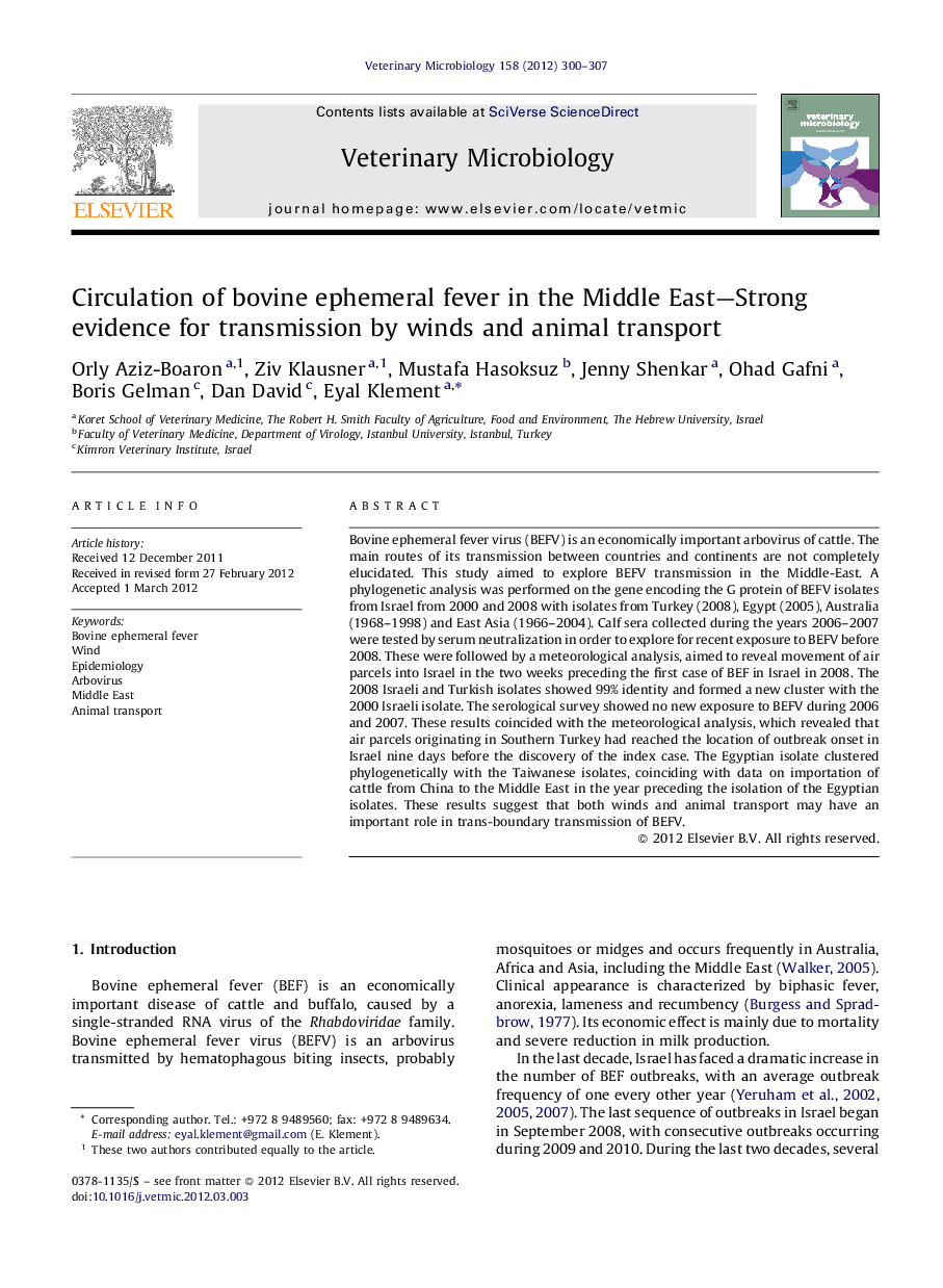 Circulation of bovine ephemeral fever in the Middle East—Strong evidence for transmission by winds and animal transport