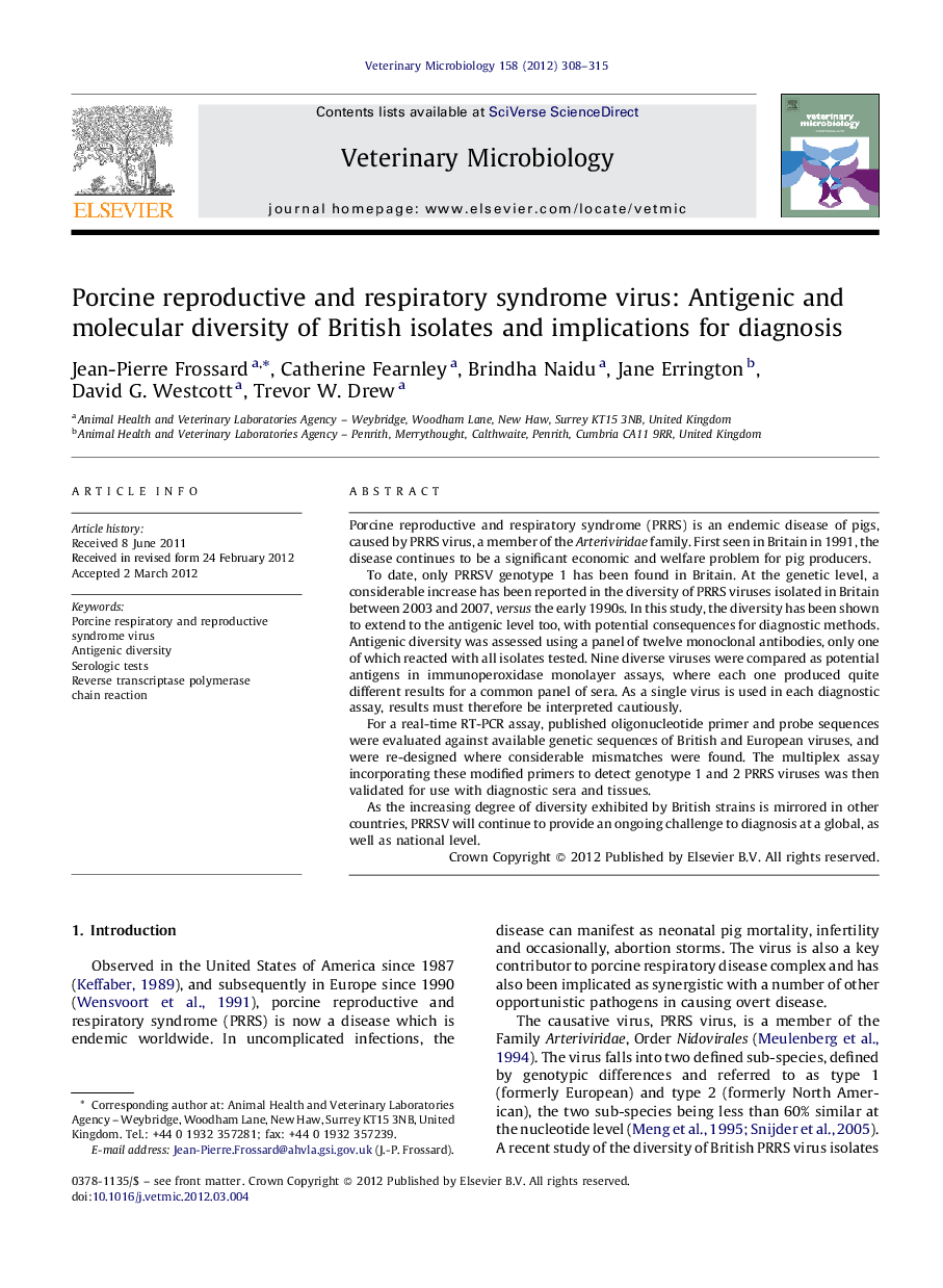 Porcine reproductive and respiratory syndrome virus: Antigenic and molecular diversity of British isolates and implications for diagnosis