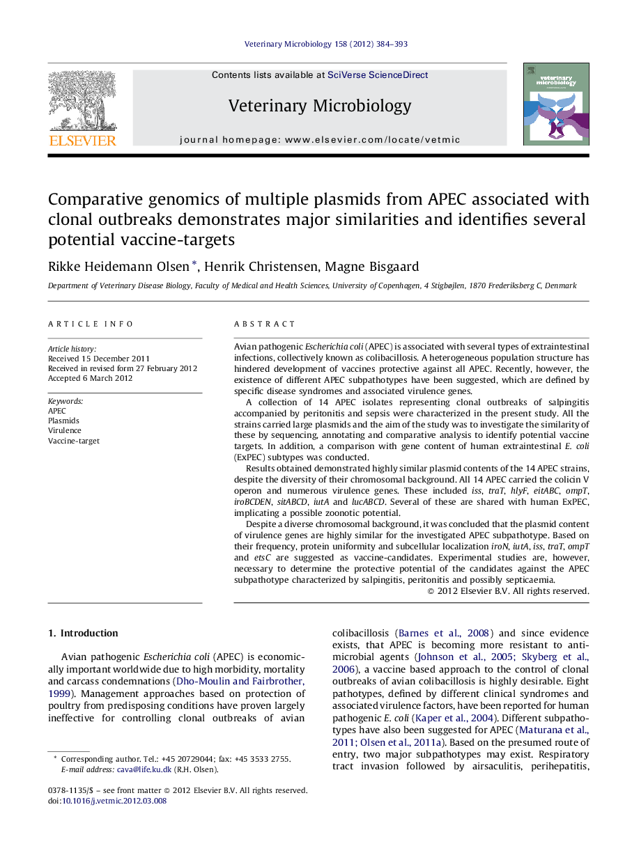 Comparative genomics of multiple plasmids from APEC associated with clonal outbreaks demonstrates major similarities and identifies several potential vaccine-targets