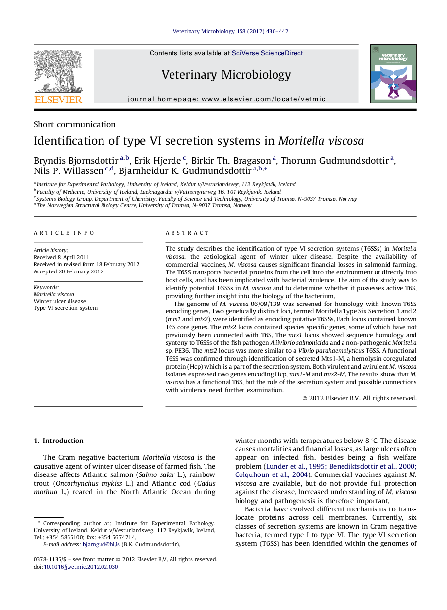 Identification of type VI secretion systems in Moritella viscosa