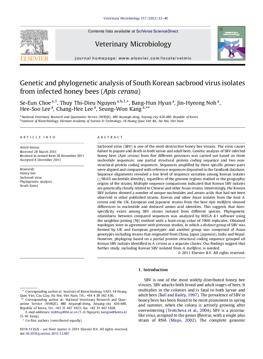 Genetic and phylogenetic analysis of South Korean sacbrood virus isolates from infected honey bees (Apis cerana)