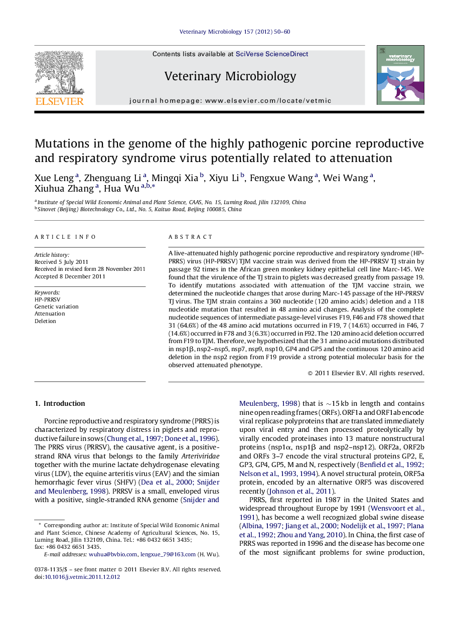 Mutations in the genome of the highly pathogenic porcine reproductive and respiratory syndrome virus potentially related to attenuation