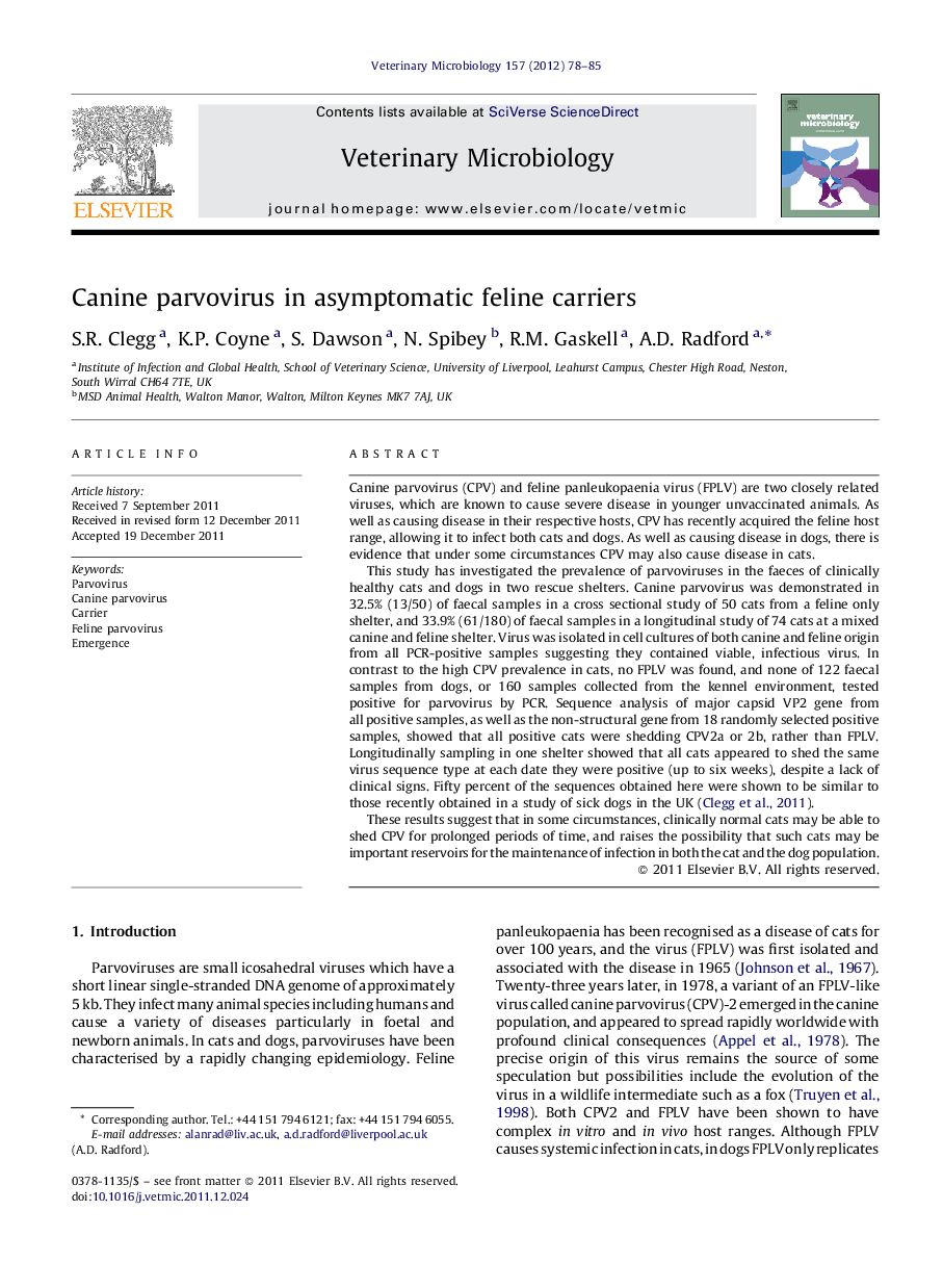 Canine parvovirus in asymptomatic feline carriers