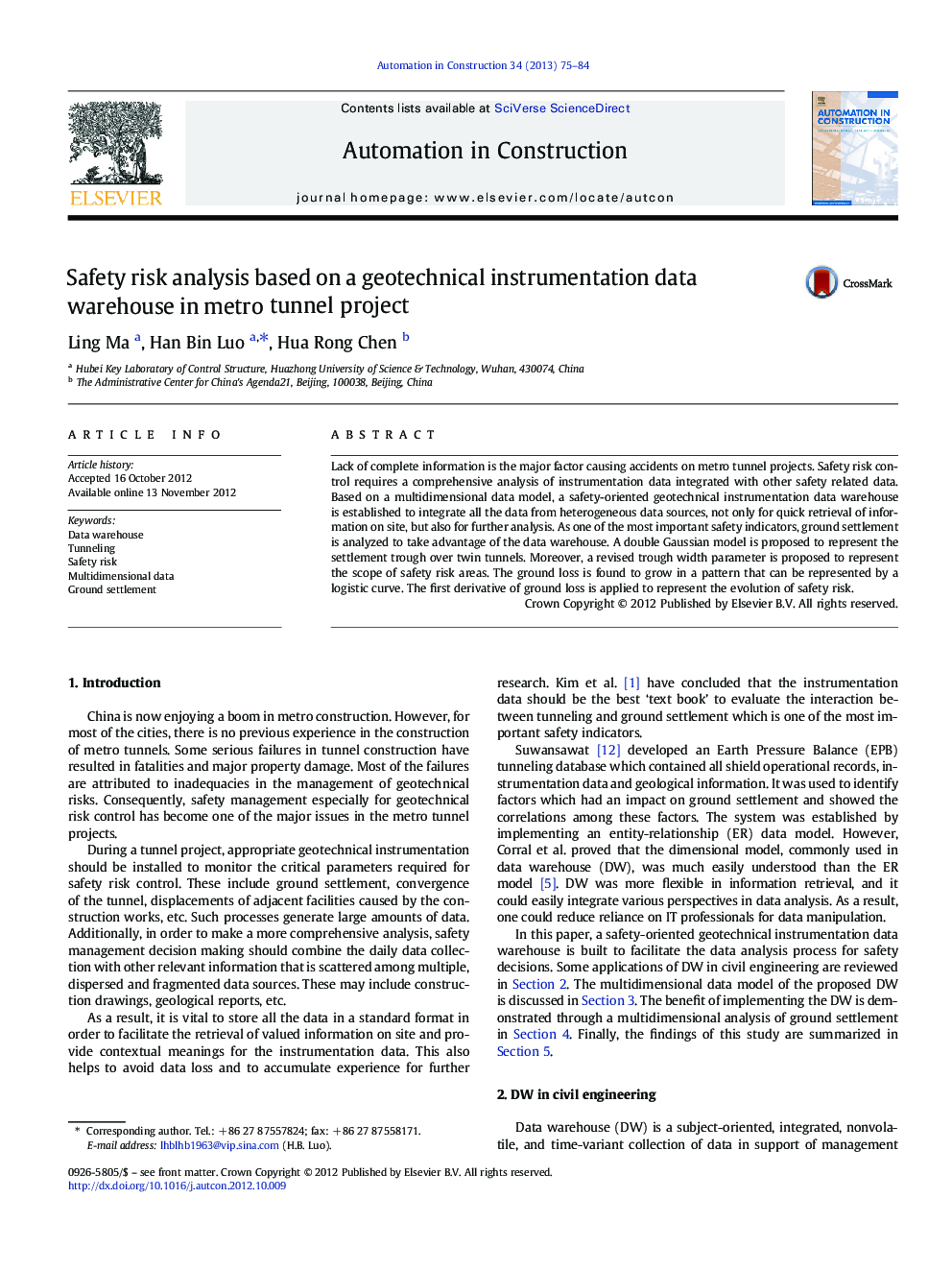 Safety risk analysis based on a geotechnical instrumentation data warehouse in metro tunnel project