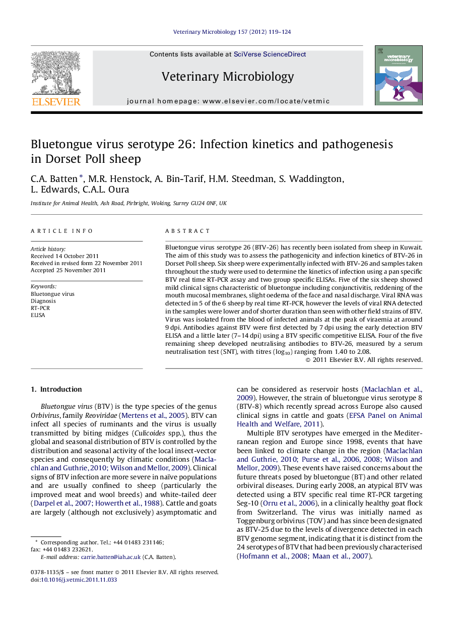 Bluetongue virus serotype 26: Infection kinetics and pathogenesis in Dorset Poll sheep