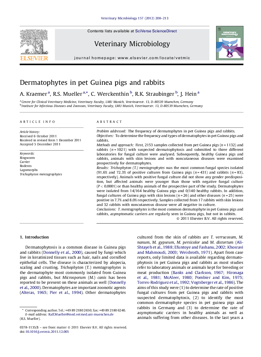 Dermatophytes in pet Guinea pigs and rabbits