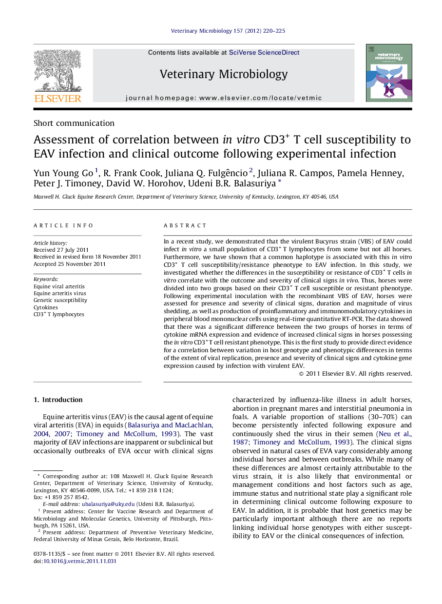 Assessment of correlation between in vitro CD3+ T cell susceptibility to EAV infection and clinical outcome following experimental infection