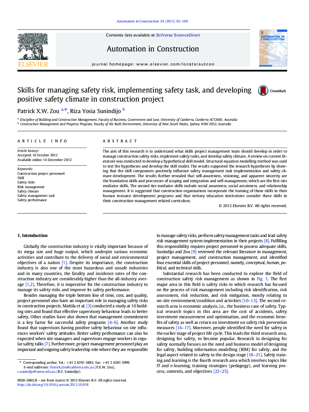 Skills for managing safety risk, implementing safety task, and developing positive safety climate in construction project