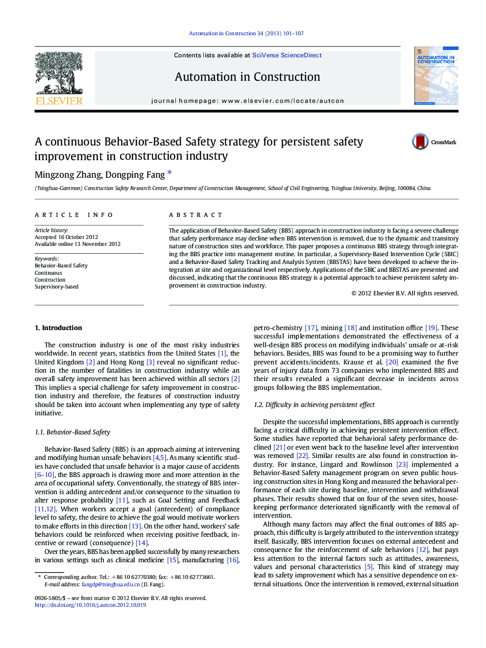 A continuous Behavior-Based Safety strategy for persistent safety improvement in construction industry