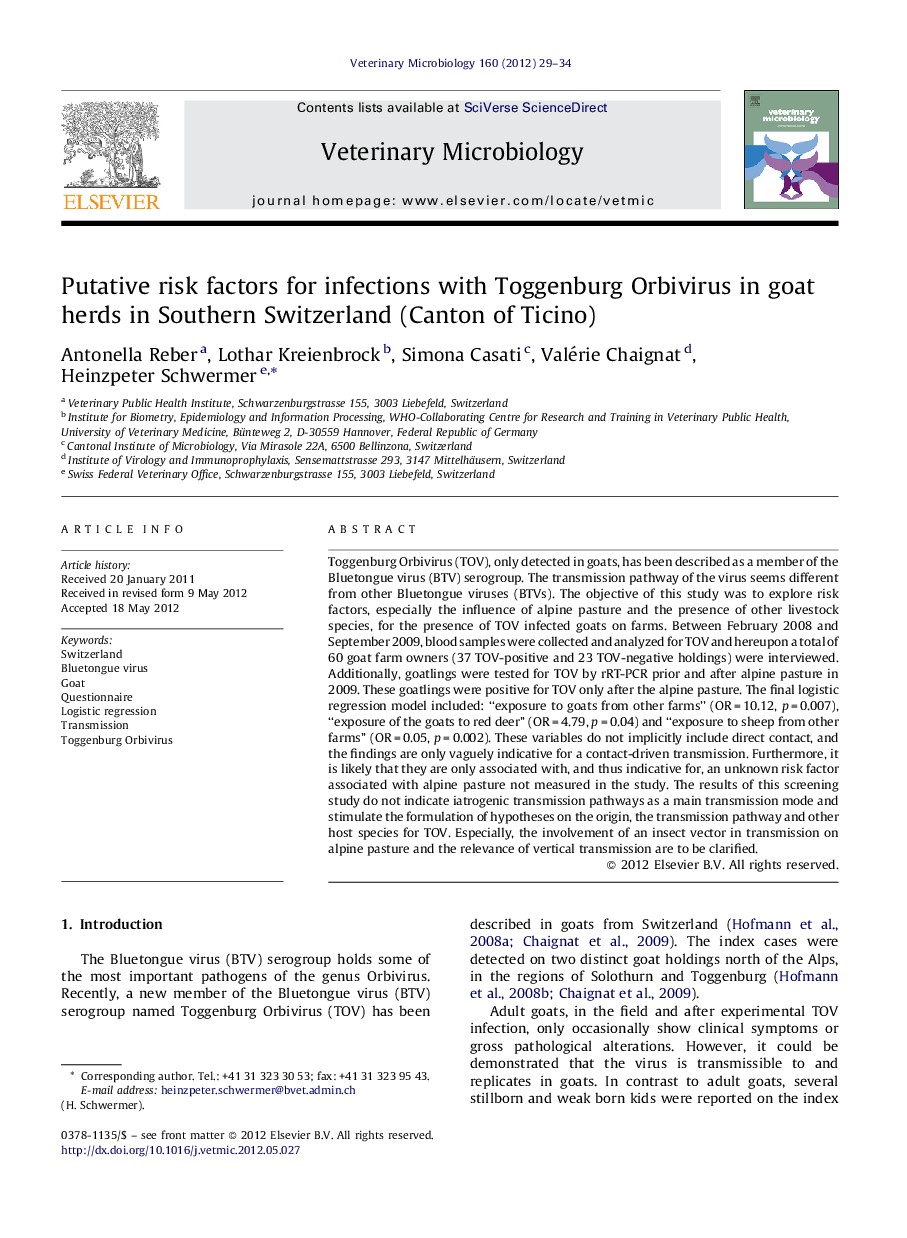 Putative risk factors for infections with Toggenburg Orbivirus in goat herds in Southern Switzerland (Canton of Ticino)